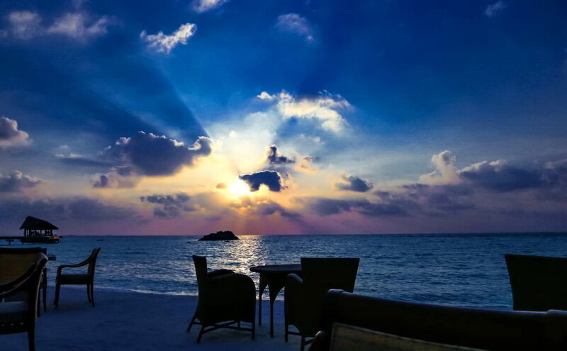 Sunset over Ocean — Blue, Dramatic, Photograph, Chairs