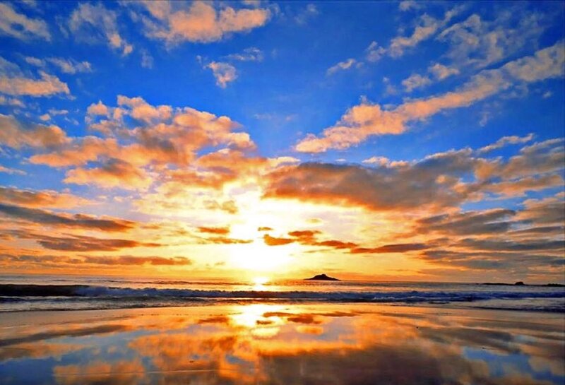 Sunset over Ocean — Blue, Dramatic, Photograph, Clouds, Beach, Island, Orange