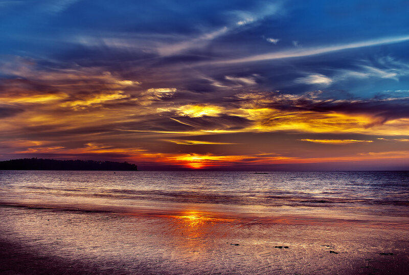 Sunset over Ocean — Blue, Dramatic, Photograph, Clouds, Beach, Island