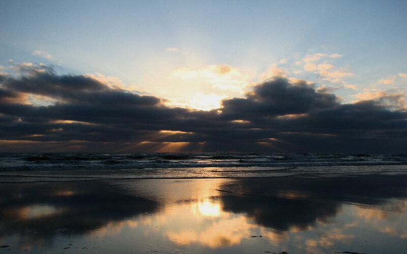 Sunset over Ocean — Blue, Dramatic, Photograph, Clouds, Beach, Waves