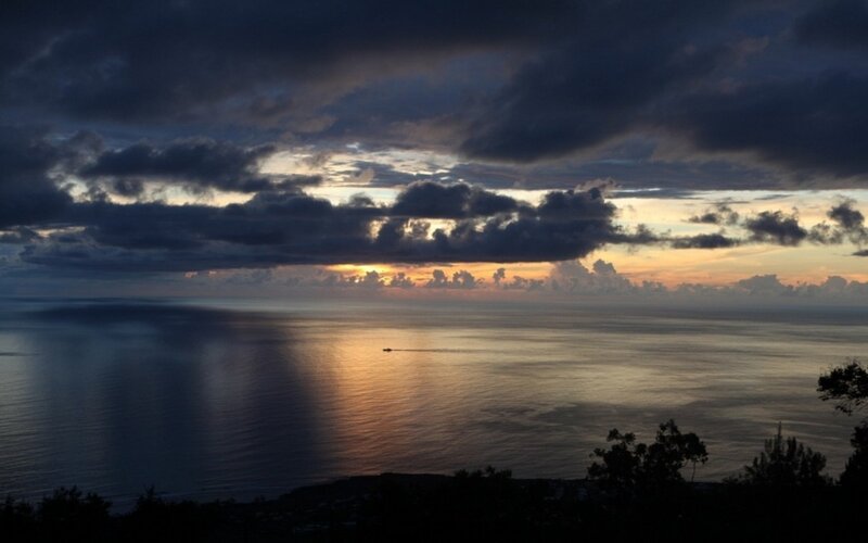 Sunset over Ocean — Blue, Dramatic, Photograph, Clouds, Boat