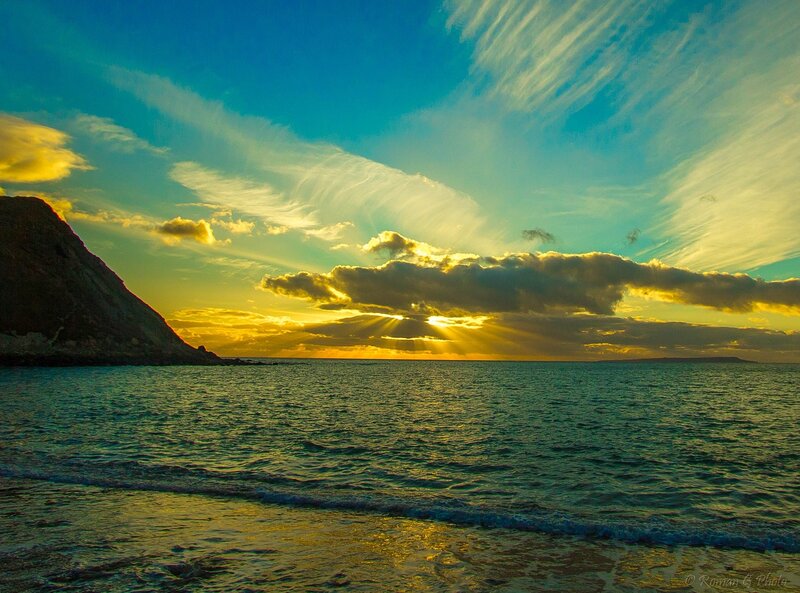Sunset over Ocean — Blue, Dramatic, Photograph, Clouds, Cliff
