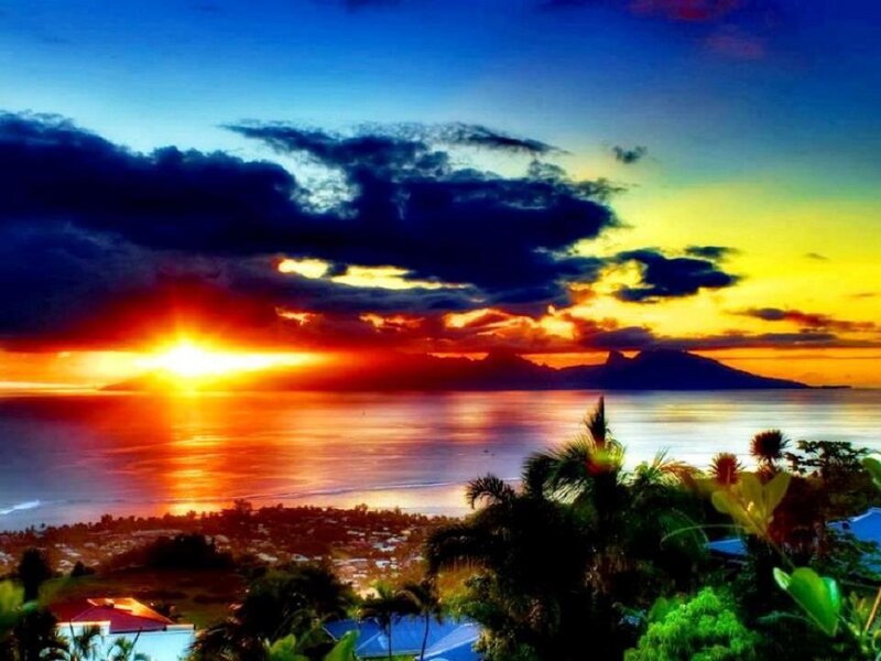 Sunset over Ocean — Blue, Dramatic, Photograph, Clouds, Mountain, Palm Trees