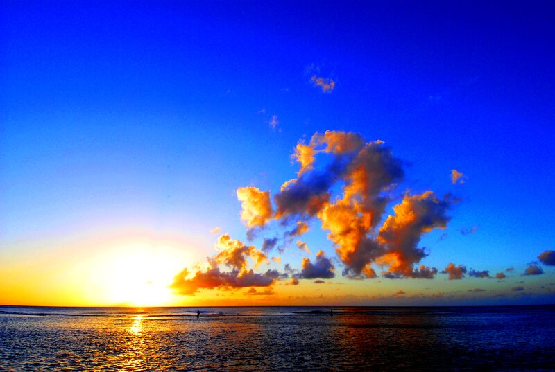 Sunset over Ocean — Blue, Dramatic, Photograph, Clouds, People