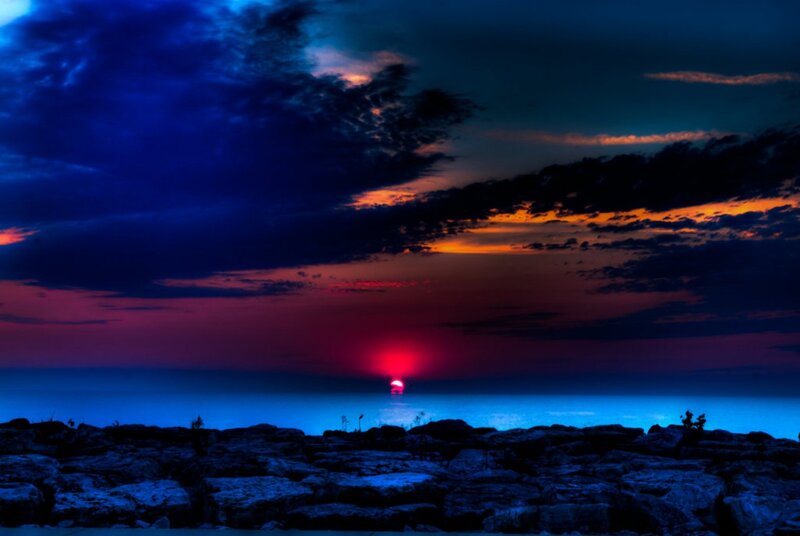 Sunset over Ocean — Blue, Dramatic, Photograph, Clouds, Rocks