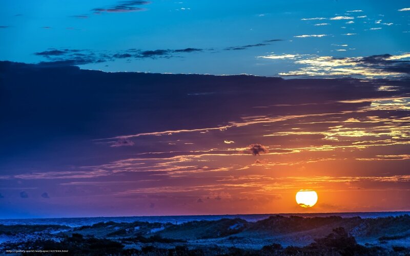 Sunset over Ocean — Blue, Dramatic, Photograph, Clouds, Sand Dunes