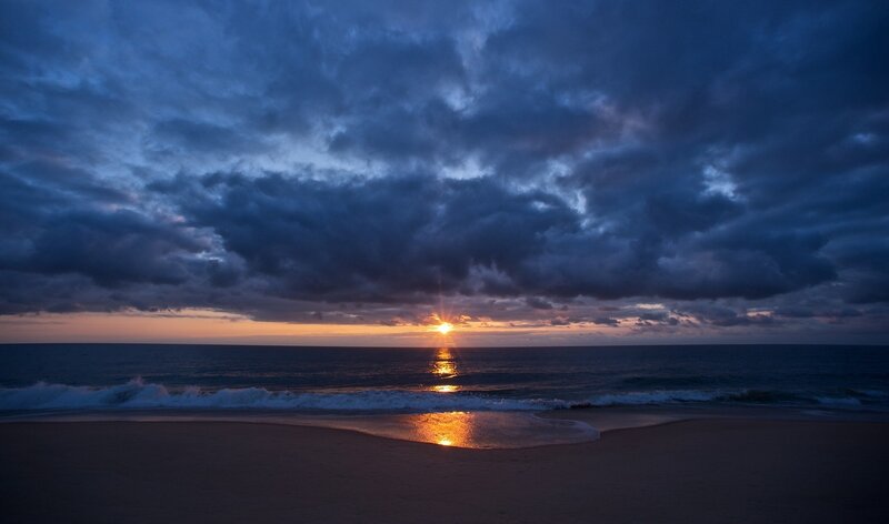 Sunset over Ocean — Blue, Dramatic, Photograph, Clouds, Sand