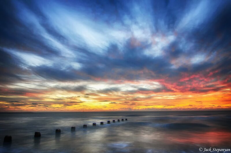 Sunset over Ocean — Blue, Dramatic, Photograph, Clouds, Sea