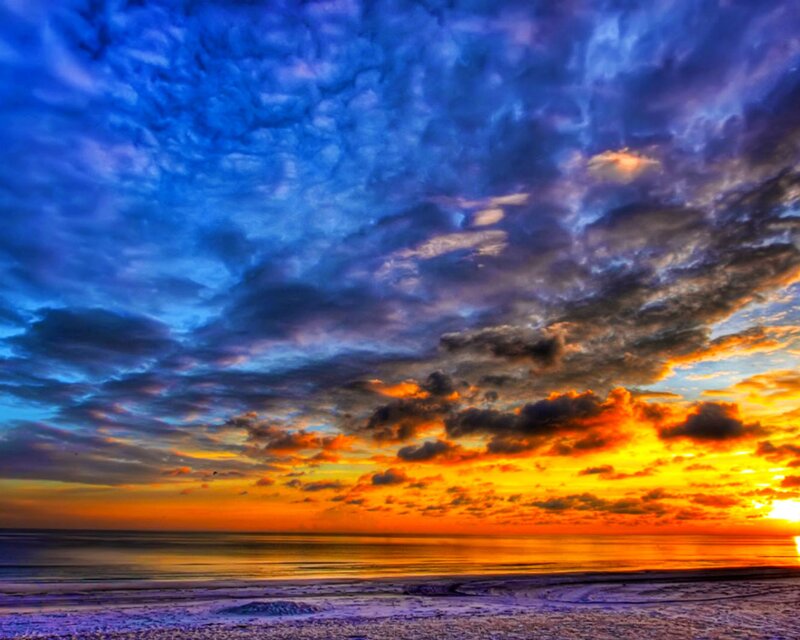 Sunset over Ocean — Blue, Dramatic, Photograph, Clouds, Sky, Beach