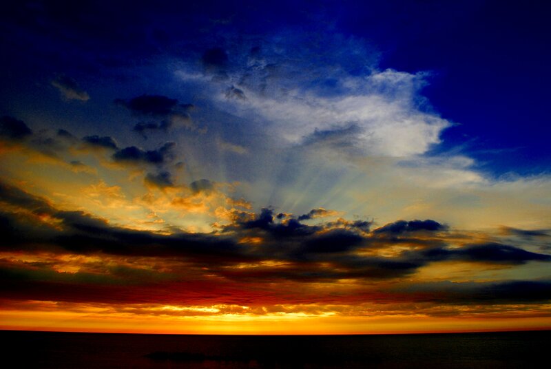 Sunset over Ocean — Blue, Dramatic, Photograph, Clouds, Sky, Horizon