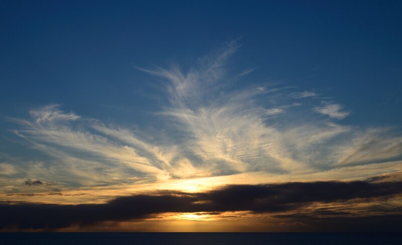 Sunset over Ocean — Blue, Dramatic, Photograph, Clouds, Sky, Sea