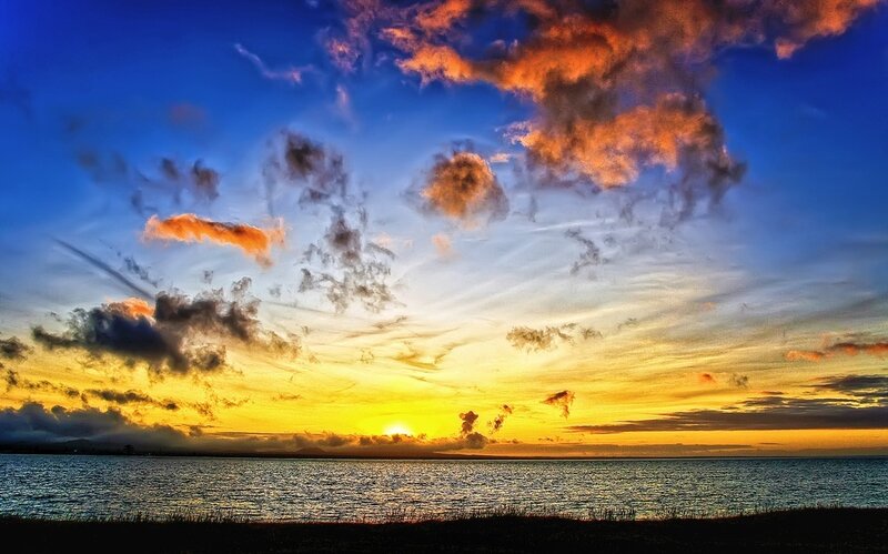 Sunset over Ocean — Blue, Dramatic, Photograph, Clouds, Sun