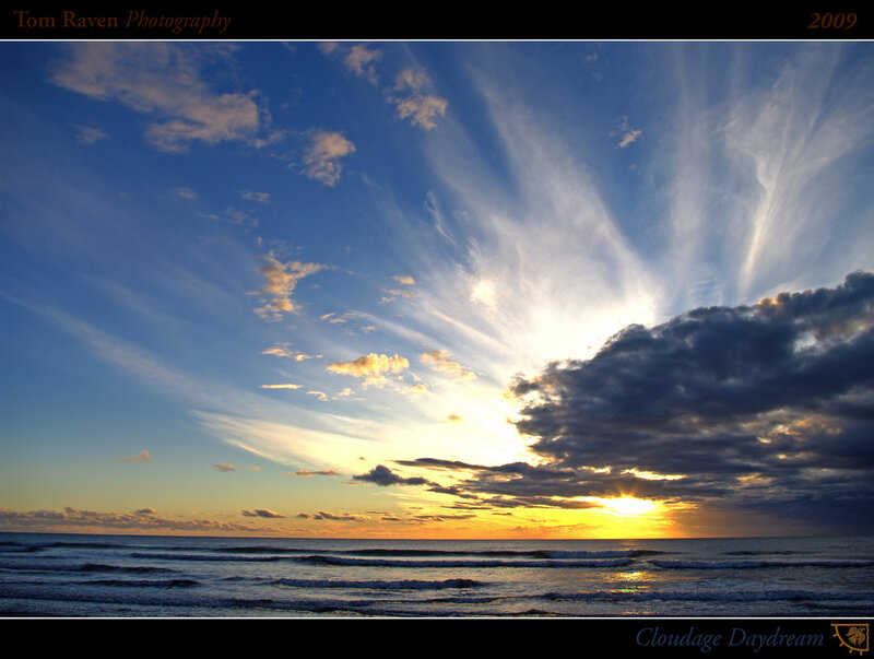 Sunset over Ocean — Blue, Dramatic, Photograph, Clouds, Sun, Waves
