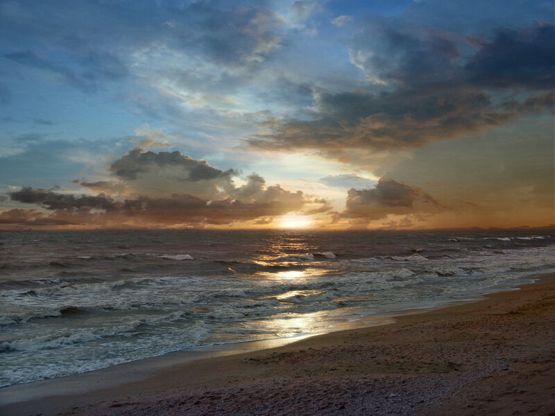 Sunset over Ocean — Blue, Dramatic, Photograph, Clouds, Waves, Beach, Orange, Brown