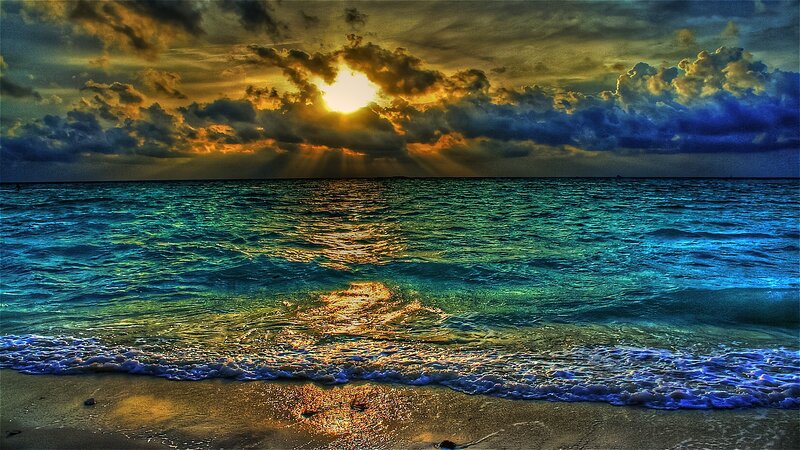 Sunset over Ocean — Blue, Dramatic, Photograph, Clouds, Waves, Sand