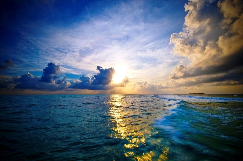 Sunset over Ocean — Blue, Dramatic, Photograph, Clouds, Waves