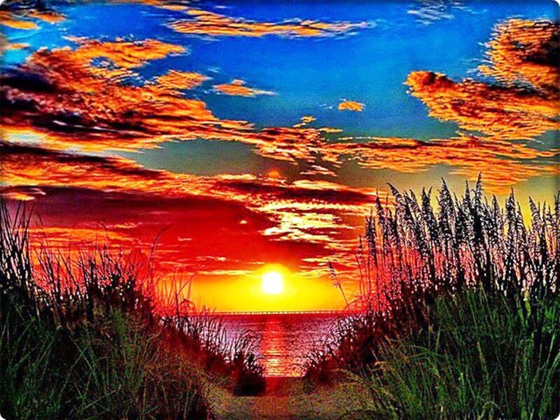 Sunset over Ocean — Blue, Dramatic, Photograph, Grass, Path