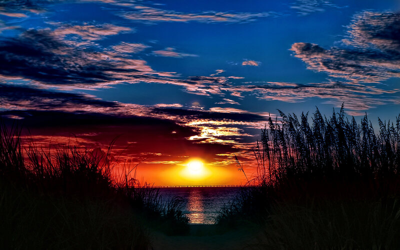 Sunset over Ocean — Blue, Dramatic, Photograph, Grass