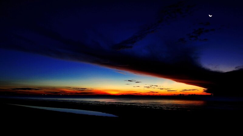 Sunset over Ocean — Blue, Dramatic, Photograph, Moon, Clouds