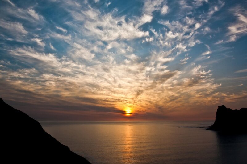 Sunset over Ocean — Blue, Dramatic, Photograph, Sky, Clouds, Sea, Cliffs