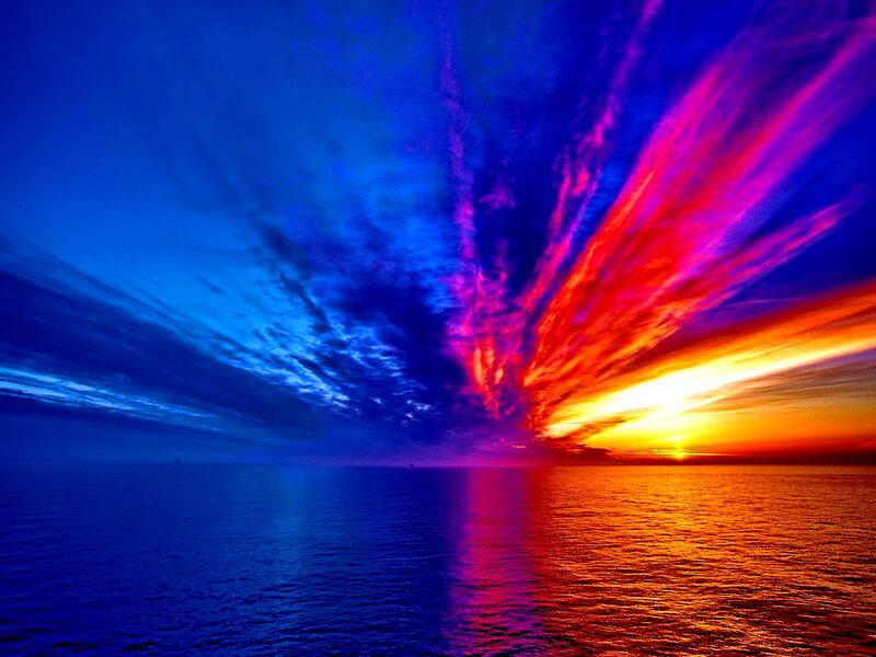 Sunset over Ocean — Blue, Dramatic, Photograph, Sky, Clouds, Sea