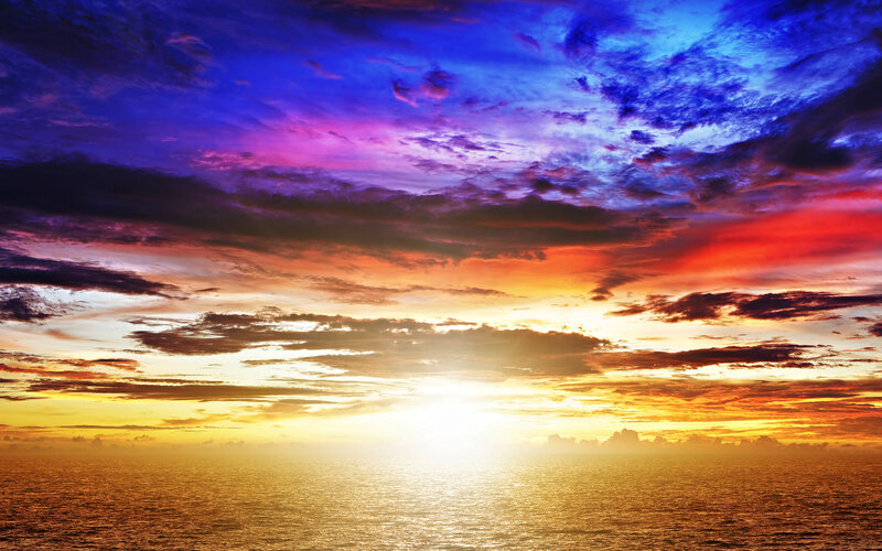 Sunset over Ocean — Blue, Dramatic, Photograph, Sky, Clouds, Sun