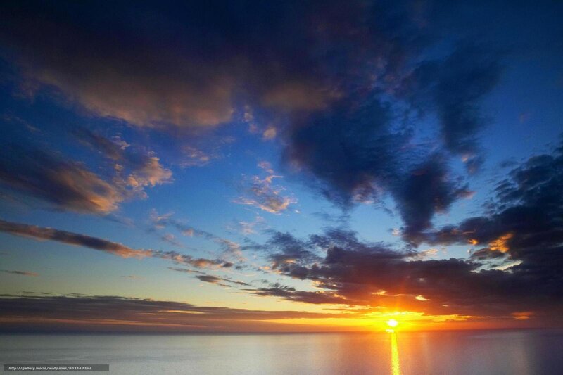 Sunset over Ocean — Blue, Dramatic, Photograph, Sun, Clouds, Sea