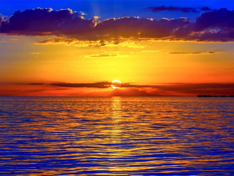 Sunset over Ocean — Blue, Dramatic, Photograph, Sun, Clouds, Water