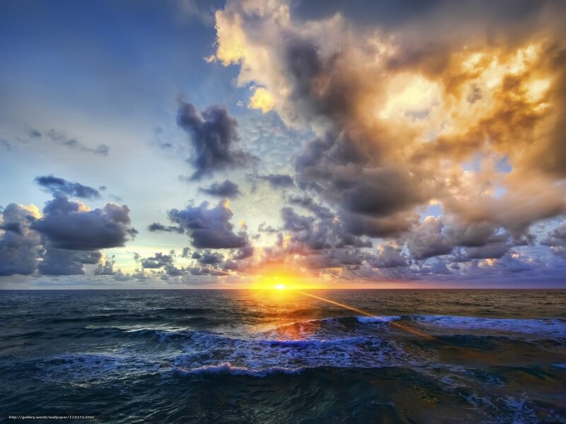 Sunset over Ocean — Blue, Dramatic, Photograph, Sun, Clouds, Waves
