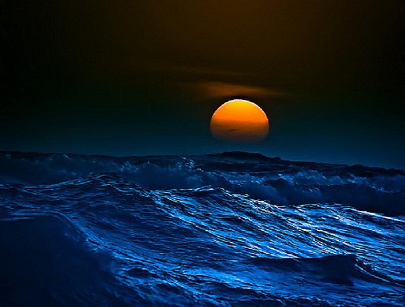 Sunset over Ocean — Blue, Dramatic, Photograph, Sun, Sky