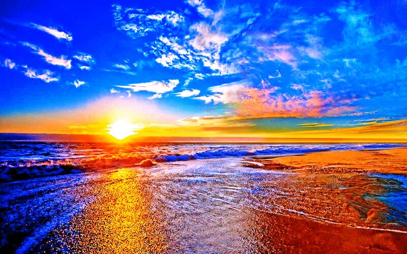 Sunset over Ocean — Blue, Dramatic, Photograph, Sun, Waves, Beach