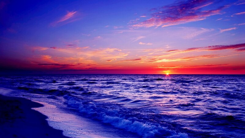 Sunset over Ocean — Blue, Dramatic, Photograph, Sun, Waves
