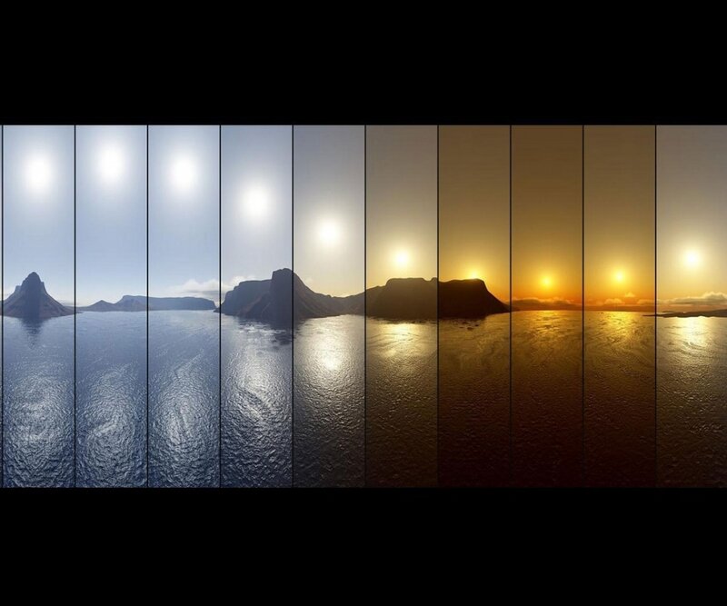 Sunset over Ocean — Blue, Serene, 3d Render, Mountain