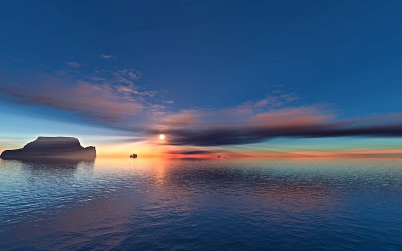 Sunset over Ocean — Blue, Serene, Digital Art, Island
