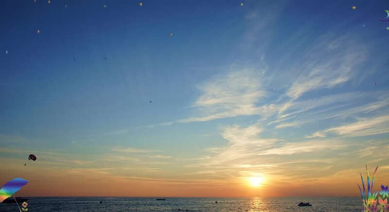 Sunset over Ocean — Blue, Serene, Digital Art, Kites