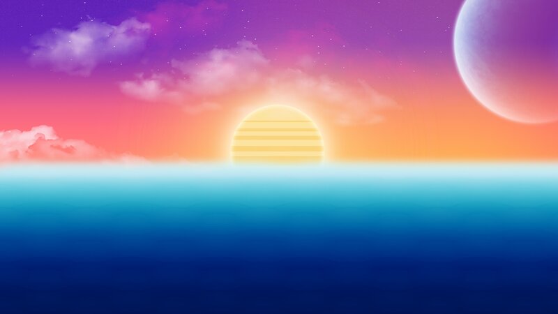 Sunset over Ocean — Blue, Serene, Digital Art, Sun, Clouds