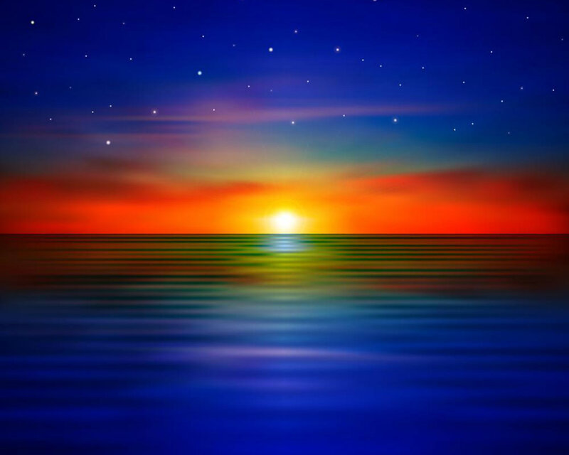 Sunset over Ocean — Blue, Serene, Digital Art, Sun, Stars