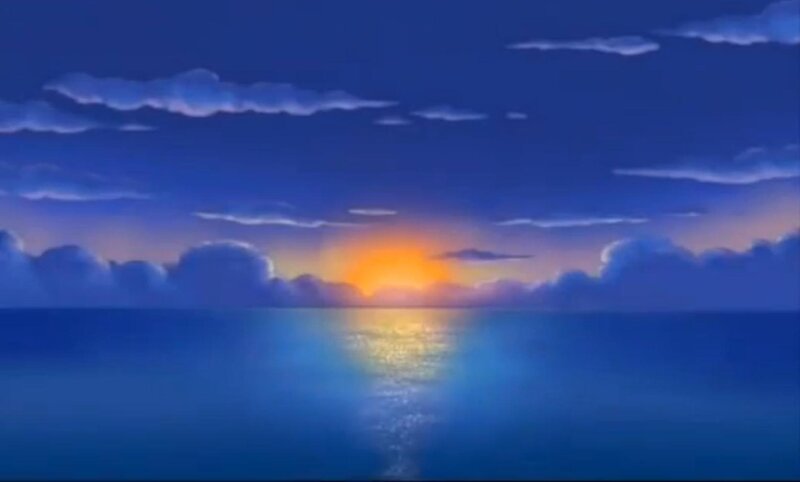 Sunset over Ocean — Blue, Serene, Digital Art, Sun