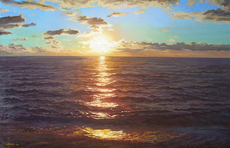 Sunset over Ocean — Blue, Serene, Painting