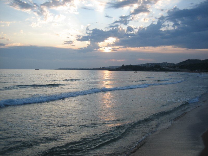Sunset over Ocean — Blue, Serene, Photograph, Beach, Waves, Clouds