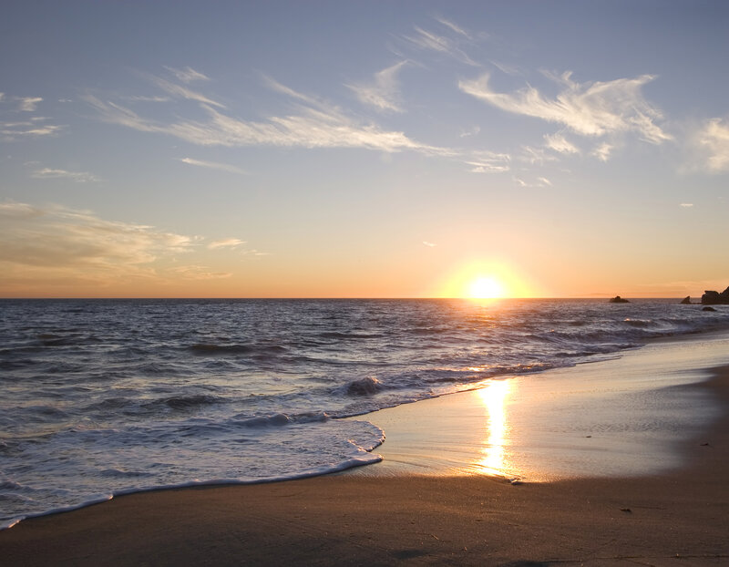 Sunset over Ocean — Blue, Serene, Photograph, Beach, Waves, Sky
