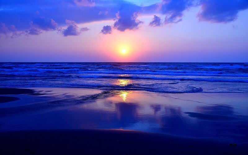 Sunset over Ocean — Blue, Serene, Photograph, Beach, Waves