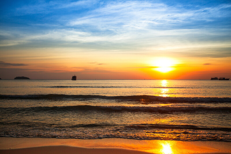 Sunset over Ocean — Blue, Serene, Photograph, Boats