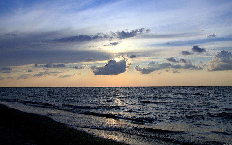 Sunset over Ocean — Blue, Serene, Photograph, Clouds, Beach, Waves