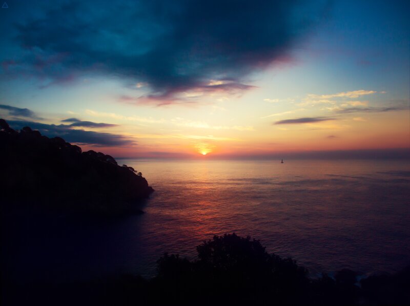 Sunset over Ocean — Blue, Serene, Photograph, Clouds, Boat