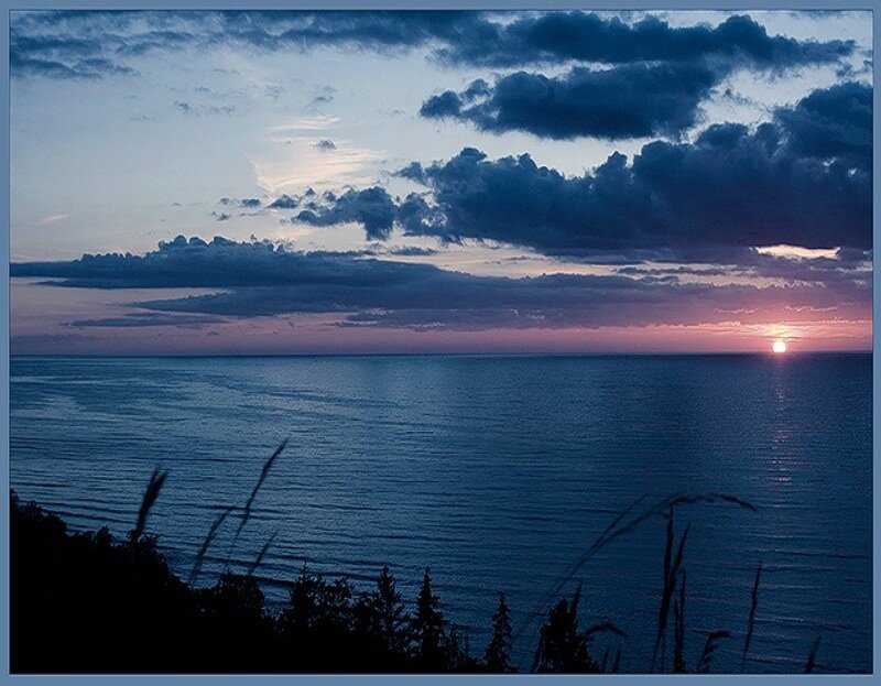 Sunset over Ocean — Blue, Serene, Photograph, Clouds, Horizon