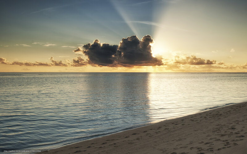Sunset over Ocean — Blue, Serene, Photograph, Clouds, Sand, Footprints
