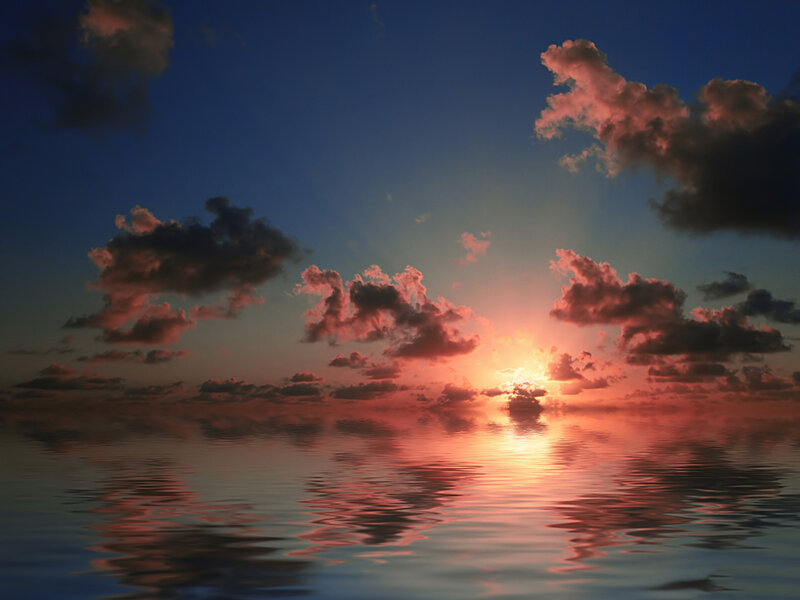 Sunset over Ocean — Blue, Serene, Photograph, Clouds, Sun
