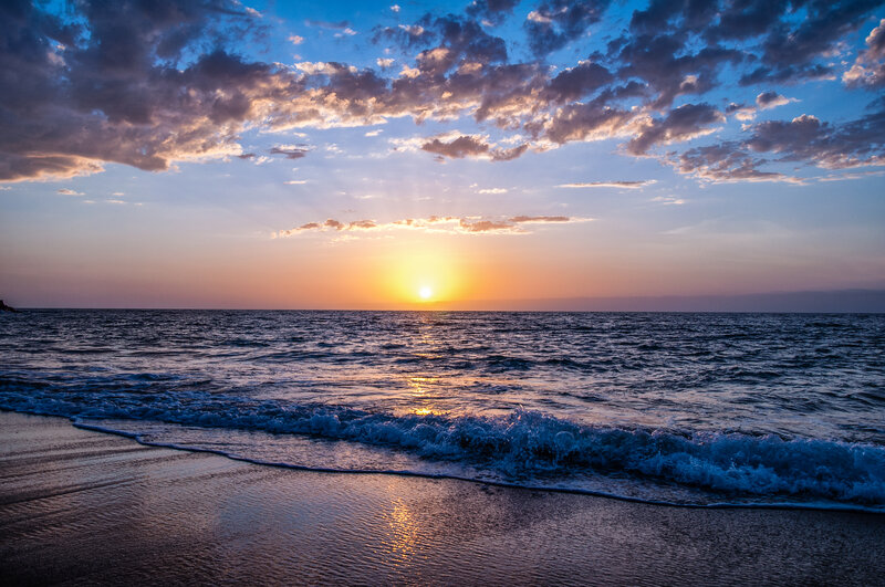 Sunset over Ocean — Blue, Serene, Photograph, Clouds, Waves