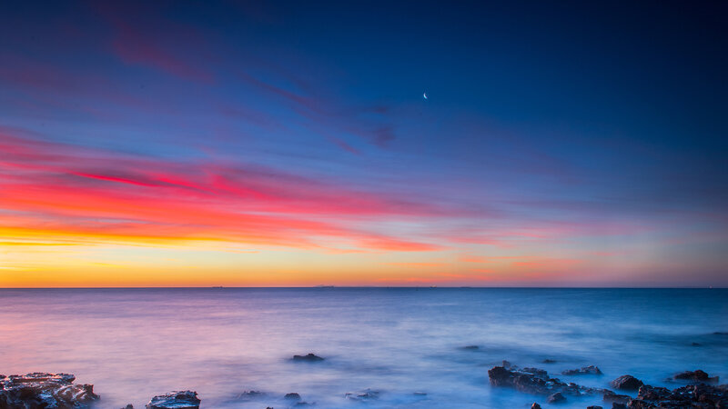 Sunset over Ocean — Blue, Serene, Photograph, Moon